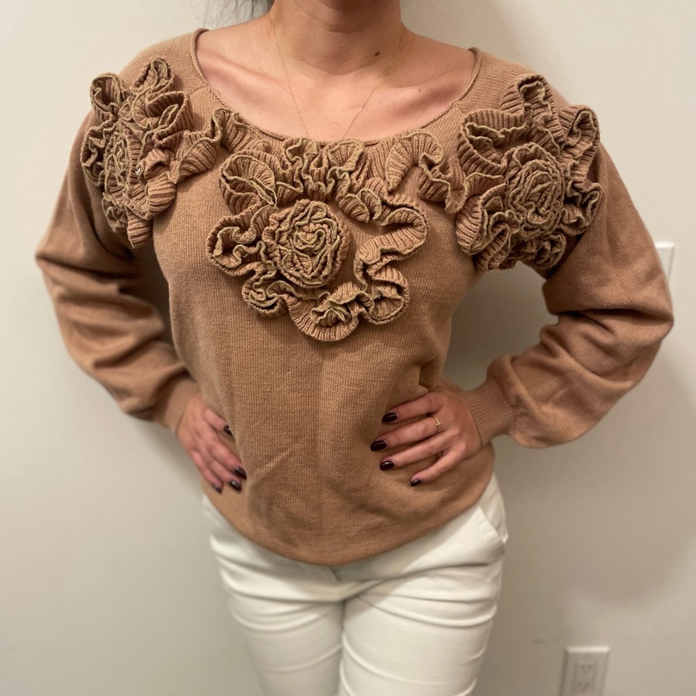 Chic Brown Sweater with Floral Accents